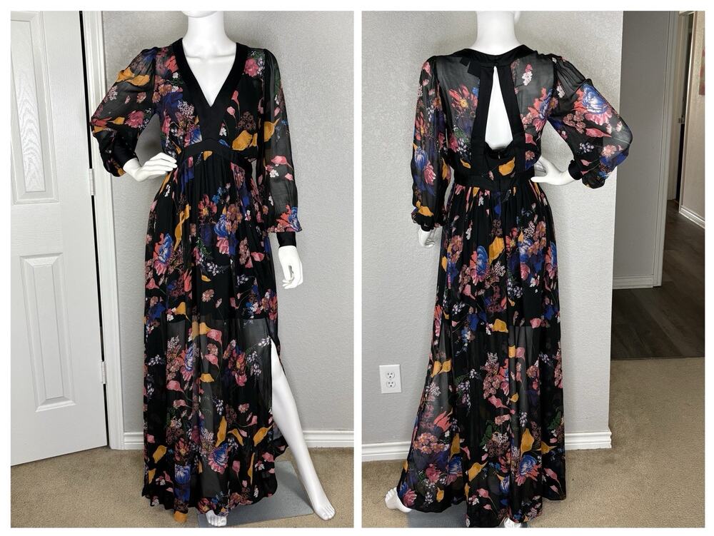 Anthropologie Maeve Maxi Dress Deep-V Floral Dark Romantic Whimsigoth Size 0